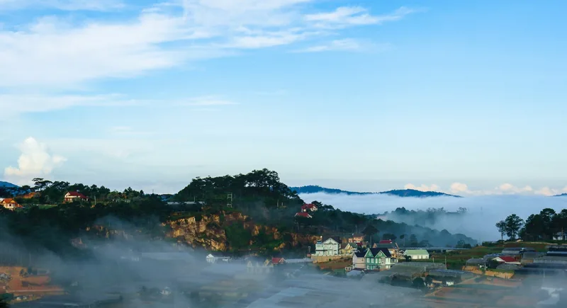 Sương sớm bao phủ đồi thông và những ngôi nhà nhiều màu sắc ở ngoại ô Đà Lạt.