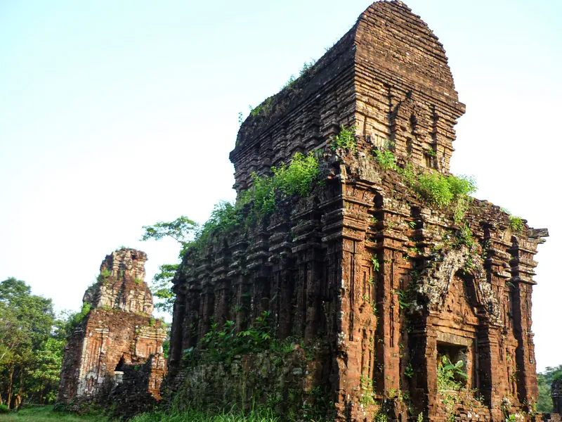 Những tháp gạch cổ rêu phong của di tích Cham đứng giữa cây cối tại khu đền tháp Mỹ Sơn.